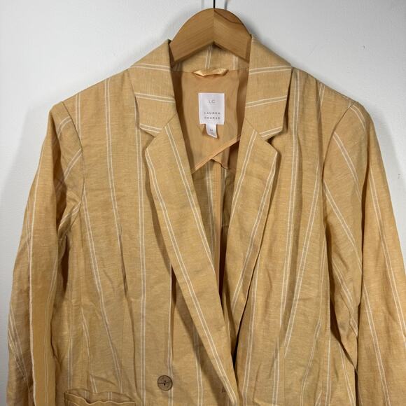Lauren Conrad Linen Blazer Women M Yellow Golden White Stripe Spring Feminine - Picture 2 of 8